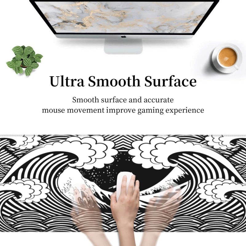 MOLIAN Black and White Japanese Wave Gaming Mouse Pad XL  Large Non Slip Rubber Mousepad  Stitched Edges Desk Pad  Long Extended Mice Pad 31.5'' X 11.8'' - Image 5